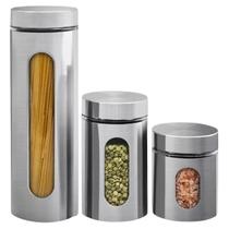 Kit 3 Potes Mantimentos Inox e Vidro Tampa Rosca Hermética