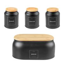 Kit 3 Potes Mantimentos + Portão Pão em Metal e Bambu Sense Preto Ou