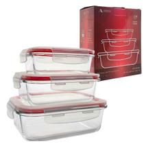 Kit 3 Potes Marmita Fitness Hermético Vidro 370/640/1050 ml com 4 Travas
