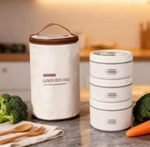 Kit 3 Potes Marmita Inox Com Bolsa Termica Lancheira Fitness Academia Trabalho Dieta Refeicao