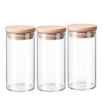 Kit 3 Potes Organizador Vidro com Tampa de Bambu Biscoito Alimento 910ml Recipiente Cozinha Frasco