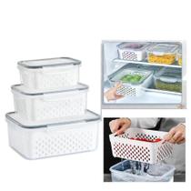 Kit 3 Potes Organizadores Hermetico Com Cesto Drenagem Grande Multiuso Profissional Geladeira Microondas Freezer Dispens Kit 3 Potes Organizadores Hermetico Com Cesto Drenagem Grande Multiuso Profissional Geladeira Microondas Freezer Dispens