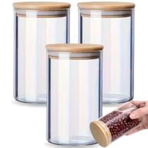 Kit 3 Potes Para Mantimentos De Vidro Com Tampa Bambu 650Ml