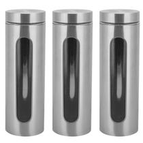 Kit 3 Potes Para Mantimentos Inox E Vidro Com Visor 1750Ml
