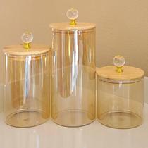 Kit 3 Potes Porta Mantimento de vidro ÂMBAR CRISTAL LISO Luxo PMG Porta Temperos