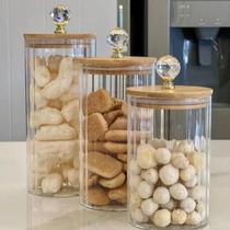 Kit 3 Potes Porta Mantimento Vidro Canelado tampa de Bambu Porta Condimentos Porta Temperos Pote Hermético Potes Organizadores para Cozinha