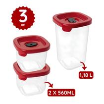 Kit 3 Potes Porta Mantimentos Plasútil Lume com Datador de Validade Organizador Empilhável Vermelho Kit 3 Potes Porta Mantimentos Plasútil Lume com Datador de Validade Organizador Empilhável Vermelho