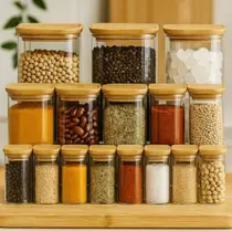 Kit 3 potes porta tempero vidro c/ tampa bambu Kit 3 potes porta tempero vidro c/ tampa bambu