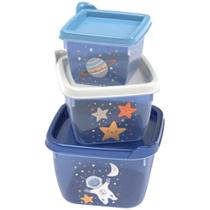 Kit 3 Potes Quadrado C/ Tampa Porta Lanche Escola Azul