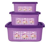 Kit 3 Potes Quadrados Com Tampa Multiuso Lilás Roxo Bella