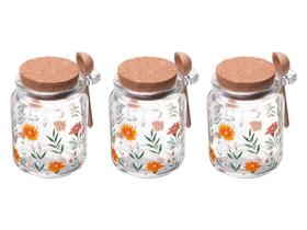 Kit 3 Potes Redondos De Vidro Tampa Cortiça Colher De Bambu