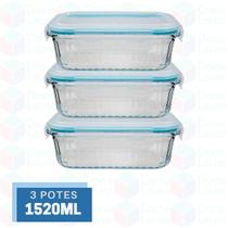 Kit 3 Potes Resistente Retangular Vidro Resistente 1520ml