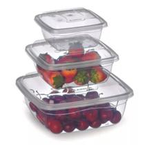 Kit 3 Potes Retangular Quadrados transparente coloridos - 350ml / 700ml / 1,5 Litros - Rainha - Pote Tupperware - PANAMI