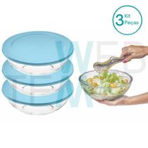 Kit 3 Potes Tigela de Vidro com Tampa Plástica Round 3L Vitazza: Para Servir, Organização de Cozinha e Geladeira, Opção Sustentável