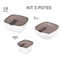 Kit 3 Potes Trio Quadrado 1,8L / 1L / 800ml Tampa com Trava Congelamento e Armazenamento Alimentos