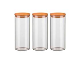 Kit 3 Potes Vidro 1500Ml Hermético Tampa Madeira Bambu Porta