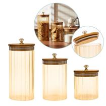 Kit 3 Potes Vidro Ambar Canelado Hermetico com Tampa Bambu 1000ml 750ml e 500ml