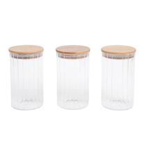 Kit 3 potes vidro canelado com tampa de bambu 800ml - Oikos Kit 3 potes vidro canelado com tampa de bambu 800ml - Oikos