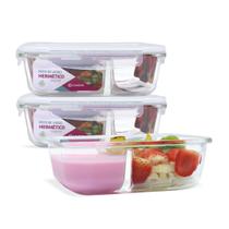 Kit 3 Potes Vidro Divisória Hermético Marmita 1040ml Vedação Silicone Kit 3 Potes Vidro Divisória Hermético Marmita 1040ml Vedação Silicone