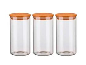 Kit 3 Potes Vidro Hermético 1300Ml Tampa Madeira Bambu Porta