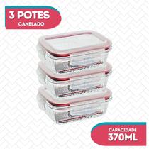 Kit 3 Potes Vidro Hermético Canelado Marmita Fitness 370ml