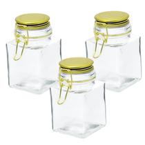 Kit 3 Potes Vidro Hermético Quadrado Com Tampa Dourado 350Ml Kit 3 Potes Vidro Hermético Quadrado Com Tampa Dourado 350Ml