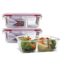 Kit 3 Potes Vidro Hermético Retangular Com Divisória 640ml Kit 3 Potes Vidro Hermético Retangular Com Divisória 640ml