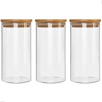 Kit 3 Potes Vidro Hermético Tampa Bambu 1000ml Alimento