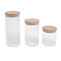 Kit 3 potes vidro herméticos para mantimentos canelado com tampa de bambu - Oikos