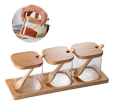 Kit 3 Potes Vidro para Condimentos com Colheres e Suporte Bambu Organização de Temperos