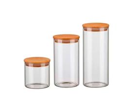 Kit 3 Potes Vidro Porta Condimentos Tampa Madeira Bambu Kit 3 Potes Vidro Porta Condimentos Tampa Madeira Bambu