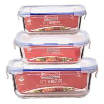 Kit 3 Potes Vidro Retangular Tampa Hermética 330 420 560ML