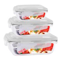 Kit 3 Potes Vidro Tampa 1 De Cada Retangular 370 640 1040ml