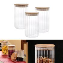 Kit 3 Potes Vidro Tampa De Bambu Porta Mantimentos 640ml