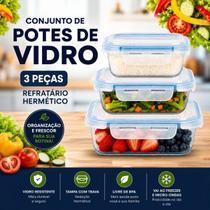Kit 3 Potes Vidro Tampa Hermética 370ml 640ml 1040ml Marmita Armazenar Alimento Comidas Refeição