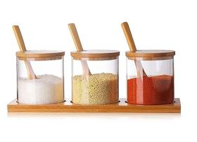 Kit 3 Potes Vidro Tampa Suporte E Colher Bambu Condimentos Kit 3 Potes Vidro Tampa Suporte E Colher Bambu Condimentos