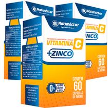 Kit 3 Potes Vitamina C + Zinco Natural Suplemento Alimentar 100% Puro Natunectar Original 180 Capsulas Comprimidos Em Pó 500mg