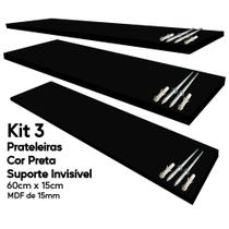 Kit 3 Prateleira Preta Mdf 60x15 Suporte Invisível Decoração