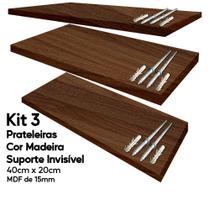 Kit 3 Prateleiras Cor Madeira Mdf 40x20 Suporte Invisível