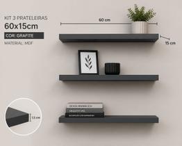 Kit 3 Prateleiras Flutuantes Grafite MDF Design Moderno para Decoração e Organização Kit 3 Prateleiras Flutuantes Grafite MDF Design Moderno para Decoração e Organização
