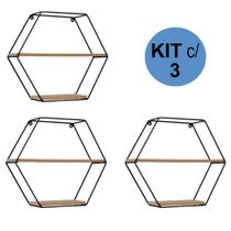 Kit 3 Prateleiras Preta Hexagonal Aramado com 02 Divisórias Cada em MDF 35x40cm