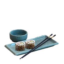 Kit 3 Pratos Sushi Azul e 3 Molheira Nozoki Porcelana - Prattos