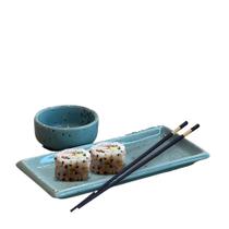 Kit 3 Pratos Sushi Azul e 3 Molheira Nozoki Porcelana