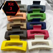 KIT 3 Presilhas Piranha Cabelo Retangular Grande Plástico Rígido Soft Coloridas Moda Feminina