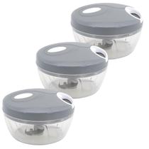 Kit 3 Processador Manual Cinza 500ml Retrátil 3 Lâminas Inox Triturador Alimentos Legumes e Verduras