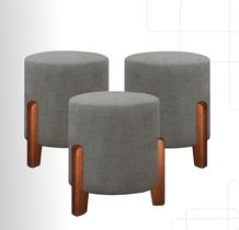 Kit 3 Puff Banqueta Decorativo pés Madeira Sala Quarto Escritório em Linho