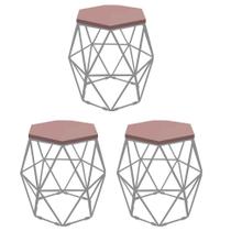 Kit 3 Puff Banqueta Luna Decorativo Sala Quarto Ferro Prata Assento MDF Rosa - Ahazzo Móveis