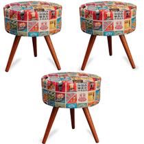 Kit 3 Puff Cama Inbox Las Vegas Redondo com Pés em Madeira Maciça Tecido Suede