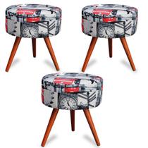 Kit 3 Puff Cama Inbox Londres Redondo com Pés em Madeira Maciça Tecido Suede