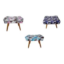 Kit 3 Puff Decorativo Banqueta Retangular Pés de Madeira Palito Triangulo Rosa/Roxo/Azul